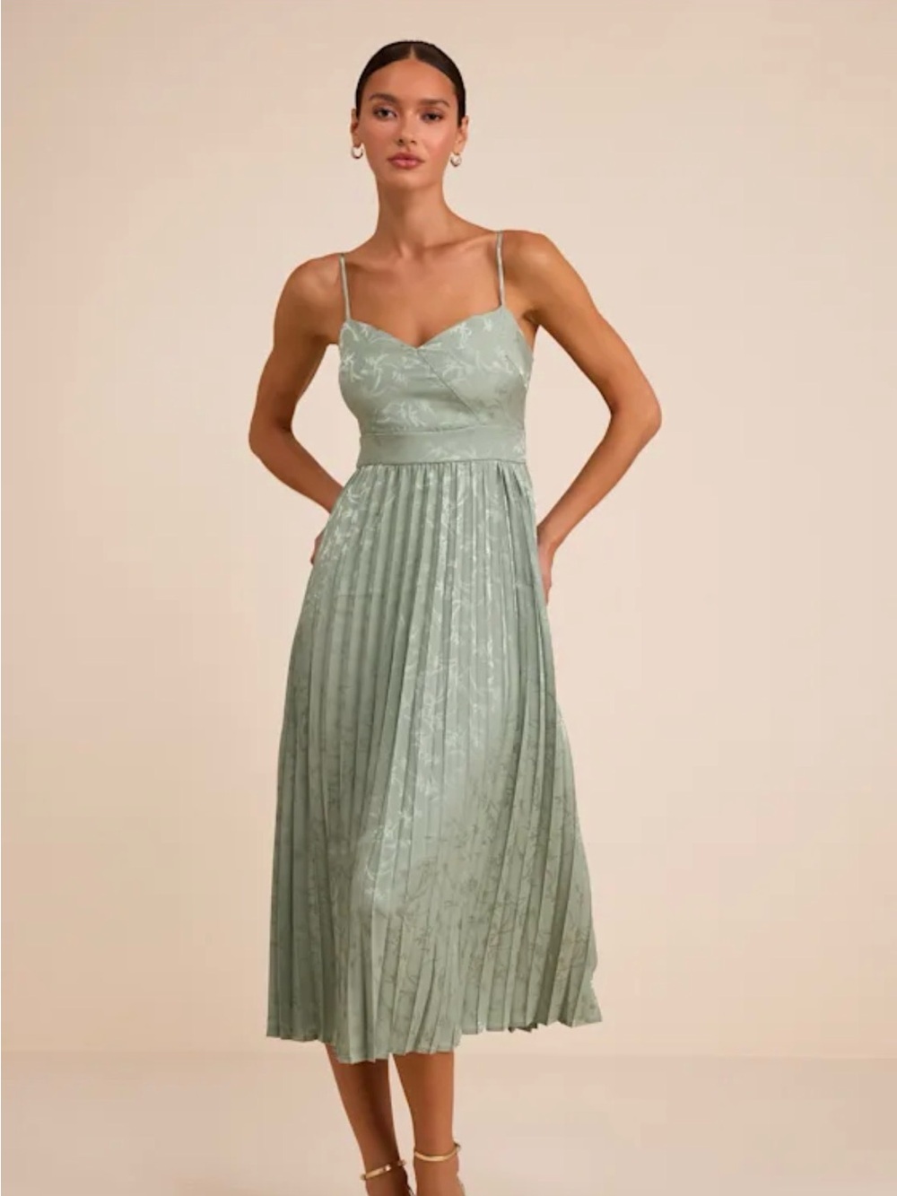 Lulu's Regal Romance Sage Floral Jacquard Pleated Satin midi dress